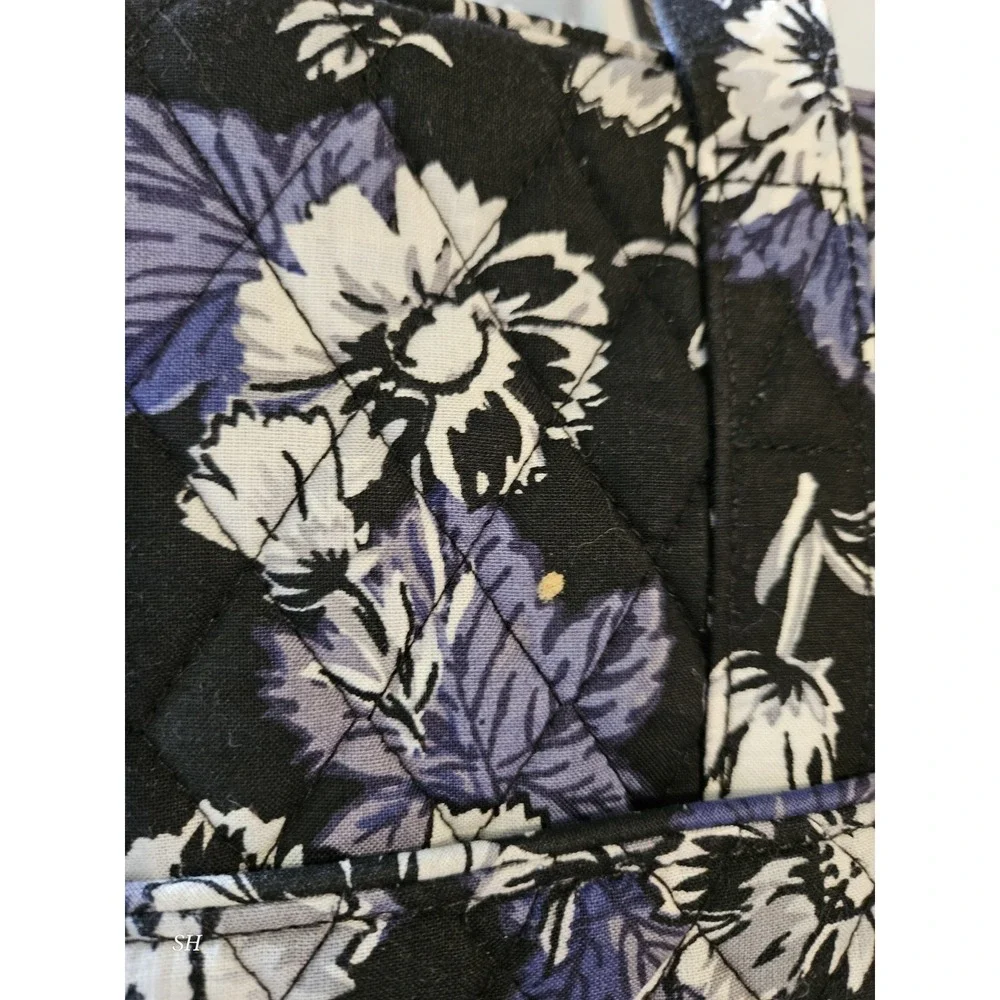 Vera Bradley Quilted Floral Tote Bag Purple Black White Turn Lock Shoulder Bag